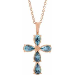 14K Rose Gold Natural Aquamarine Cross 16-18" Necklace