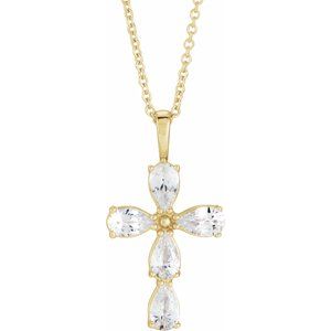 14K Yellow Gold Natural White Sapphire Cross 16-18" Necklace