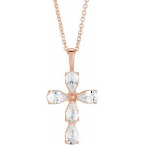 14K Rose Gold Natural White Sapphire Cross 16-18" Necklace