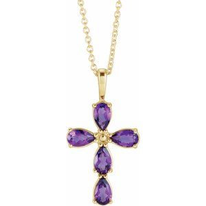 14K Yellow Gold Natural Amethyst Cross 16-18" Necklace