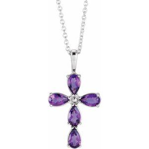 Platinum Natural Amethyst Cross 16-18" Necklace
