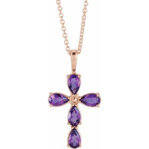 14K Rose Gold Natural Amethyst Cross 16-18" Necklace