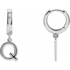 18K White Gold Initial Q Hinged Huggie Earring