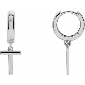 18K White Gold Initial T Hinged Huggie Earring