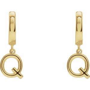 18K Yellow Gold Initial Q Hinged Huggie Earring