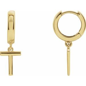14K Yellow Gold Initial T Hinged Huggie Earring