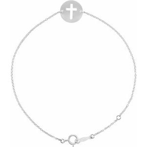 14K White Gold Pierced Cross Disc 7-8" Bracelet