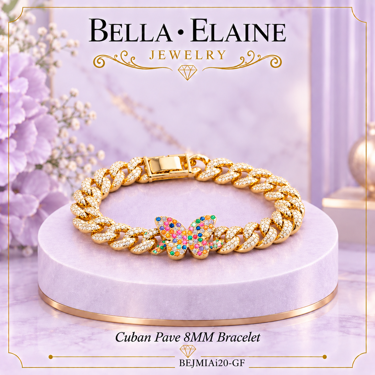 Cuban Pave Multi Colored Butterfly 8mm Bracelet