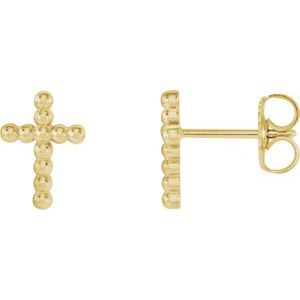 14K Yellow Gold Beaded Cross Earrings