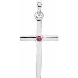 14K White Gold Natural Pink Tourmaline Cross Pendant