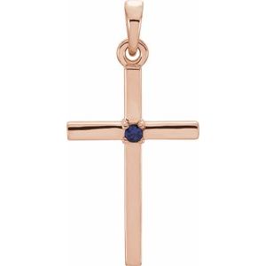 14K Rose Gold Natural Blue Sapphire Cross Pendant