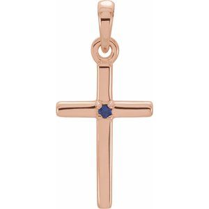 14K Rose Gold Natural Blue Sapphire Cross Pendant