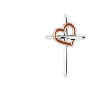 14K White & Rose Gold Cross with Heart Pendant
