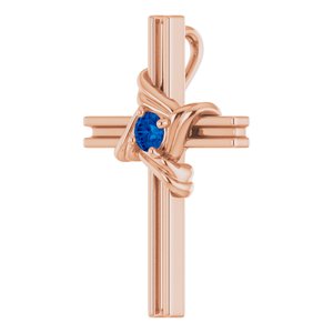14K Rose Gold Natural Blue Sapphire Cross Pendant