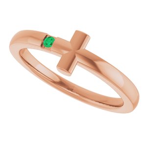 14K Rose Gold Lab-Grown Emerald Youth Sideways Cross Ring