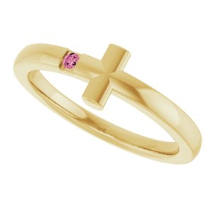 14K Yellow Gold Natural Pink Tourmaline Youth Sideways Cross Ring