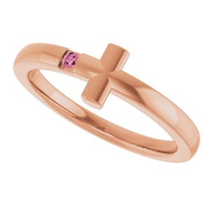 14K Rose Gold Natural Pink Tourmaline Youth Sideways Cross Ring