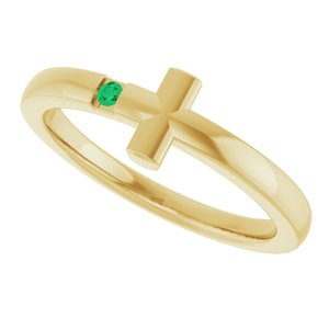 14K Yellow Gold Lab-Grown Emerald Youth Sideways Cross Ring