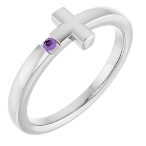 14K White Gold Natural Amethyst Youth Sideways Cross Ring