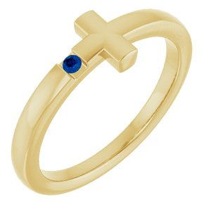 14K Yellow Gold Natural Blue Sapphire Youth Sideways Cross Ring