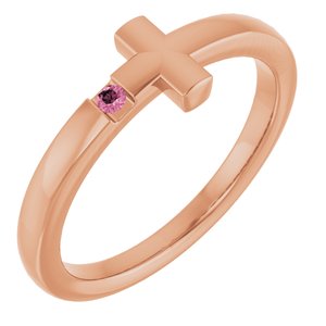 14K Rose Gold Natural Pink Tourmaline Youth Sideways Cross Ring