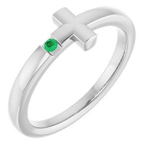 Sterling Silver Youth Imitation Emerald Sideways Cross Ring