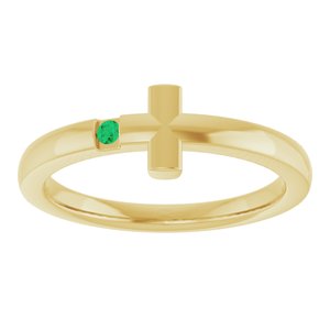 14K Yellow Gold Lab-Grown Emerald Youth Sideways Cross Ring