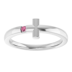 14K White Gold Natural Pink Tourmaline Youth Sideways Cross Ring