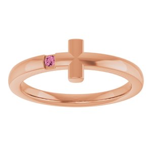 14K Rose Gold Natural Pink Tourmaline Youth Sideways Cross Ring