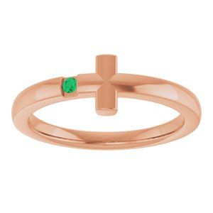 14K Rose Gold Natural Emerald Youth Sideways Cross Ring