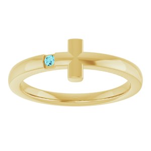 14K Yellow Gold Natural Blue Zircon Youth Sideways Cross Ring