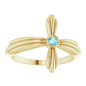 14K Yellow Gold Natural Blue Zircon Sideways Cross Ring