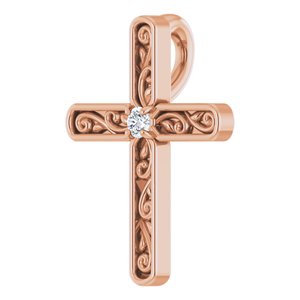 14K Rose Gold .03 CT Natural Diamond Cross Pendant