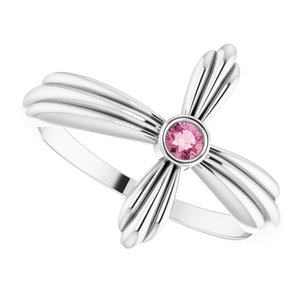 14K White Gold Natural Pink Tourmaline Sideways Cross Ring