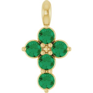 14K Yellow Gold Lab-Grown Emerald Cross Pendant