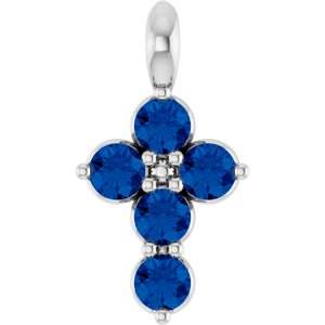 14K White Gold Lab-Grown Blue Sapphire Cross Pendant