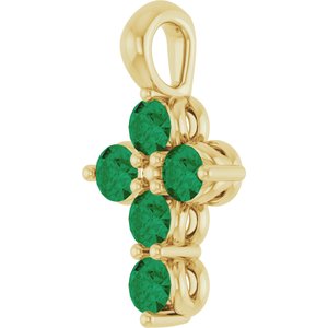 14K Yellow Gold Lab-Grown Emerald Cross Pendant