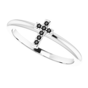 14K White Gold .04 CTW Natural Black Diamond Stackable Cross Ring