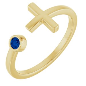 14K Yellow Gold Natural Blue Sapphire Negative Space Cross Ring
