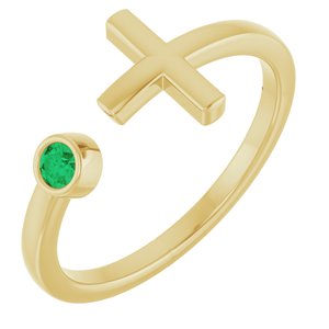 14K Yellow Gold Natural Emerald Negative Space Cross Ring