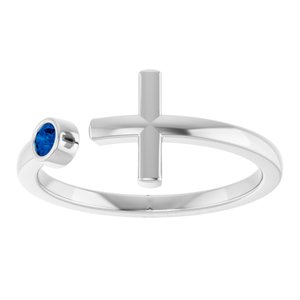 14K White Gold Natural Blue Sapphire Negative Space Cross Ring