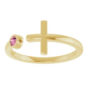 14K Yellow Gold Natural Pink Tourmaline Negative Space Cross Ring
