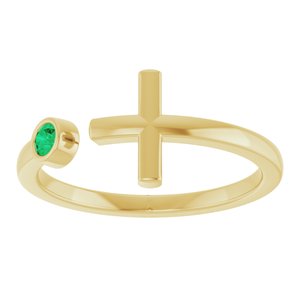 14K Yellow Gold Natural Emerald Negative Space Cross Ring