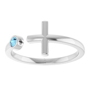 14K White Gold Natural Aquamarine Negative Space Cross Ring