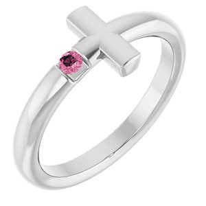 14K White Gold Natural Pink Tourmaline Sideways Cross Ring