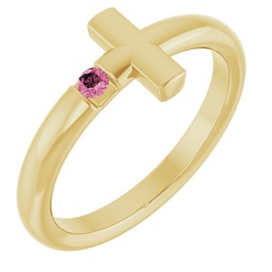 14K Yellow Gold Natural Pink Tourmaline Sideways Cross Ring