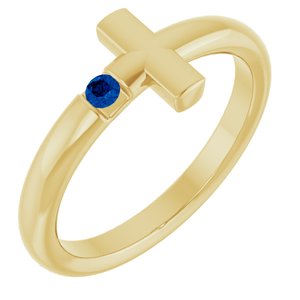 14K Yellow Gold Natural Blue Sapphire Sideways Cross Ring