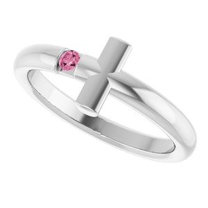 Sterling Silver Natural Pink Tourmaline Sideways Cross Ring