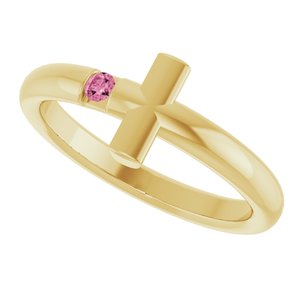 14K Yellow Gold Natural Pink Tourmaline Sideways Cross Ring
