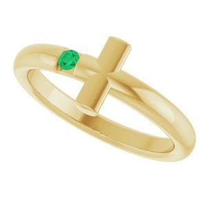 14K Yellow Gold Natural Emerald Sideways Cross Ring